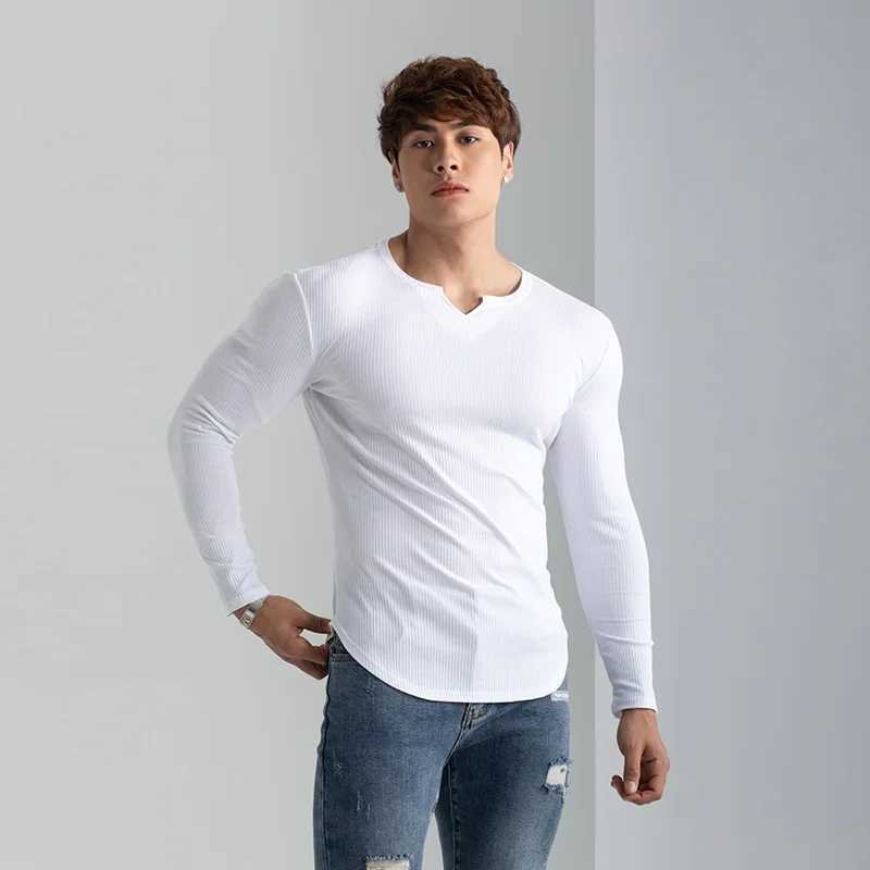 Men Summer Slim Fit Fashion Long Sleeved Top Fitness Motion Hip Hop Streetwear Running And Fitness V Neck Trend TopX240919