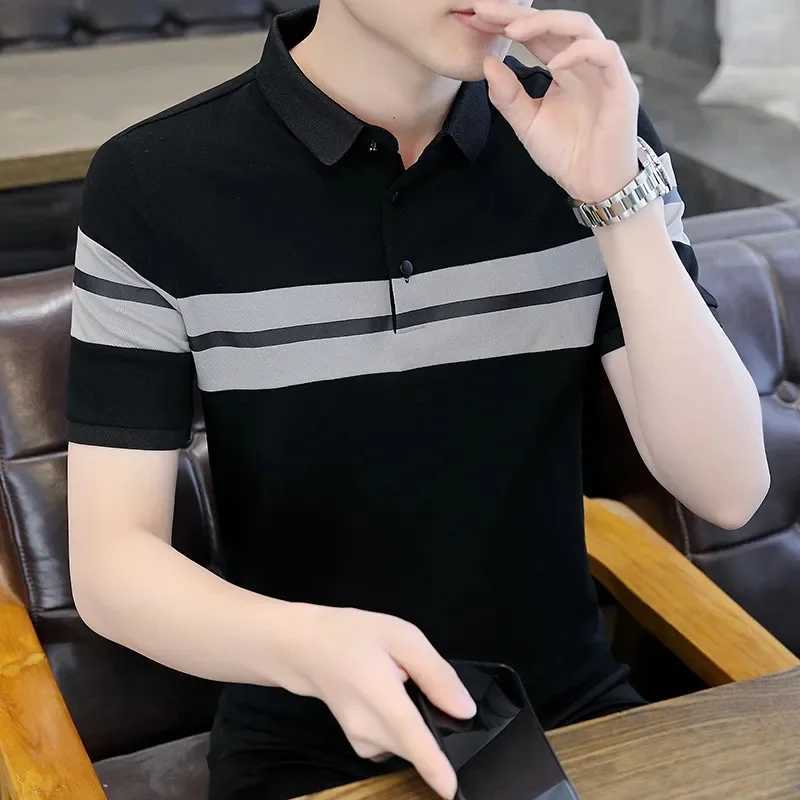 Men Short Sleeved T-shirt Summer Korean Slim Lapel Collar Stripe Contrasting Colors Patchwork Comfortable Commuting Polo ShirtXJ240920