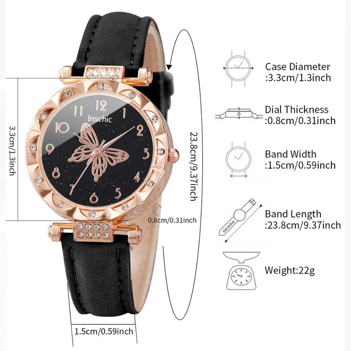 2PCs/Set Women Butterfly Dial Watch Black Pink Color Leather Strap Quartz WatchX240920