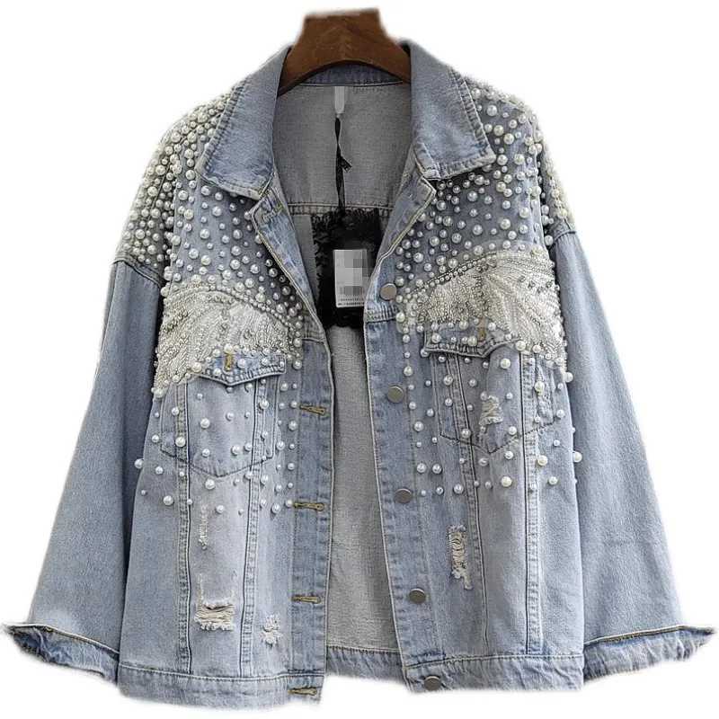 Spring Women Pearls Beaded Denim Coat Lace Floral Embroidered Jeans Jacket Short Cowboy Cardigan Streetwear Tops Jaqueta 2023X240920