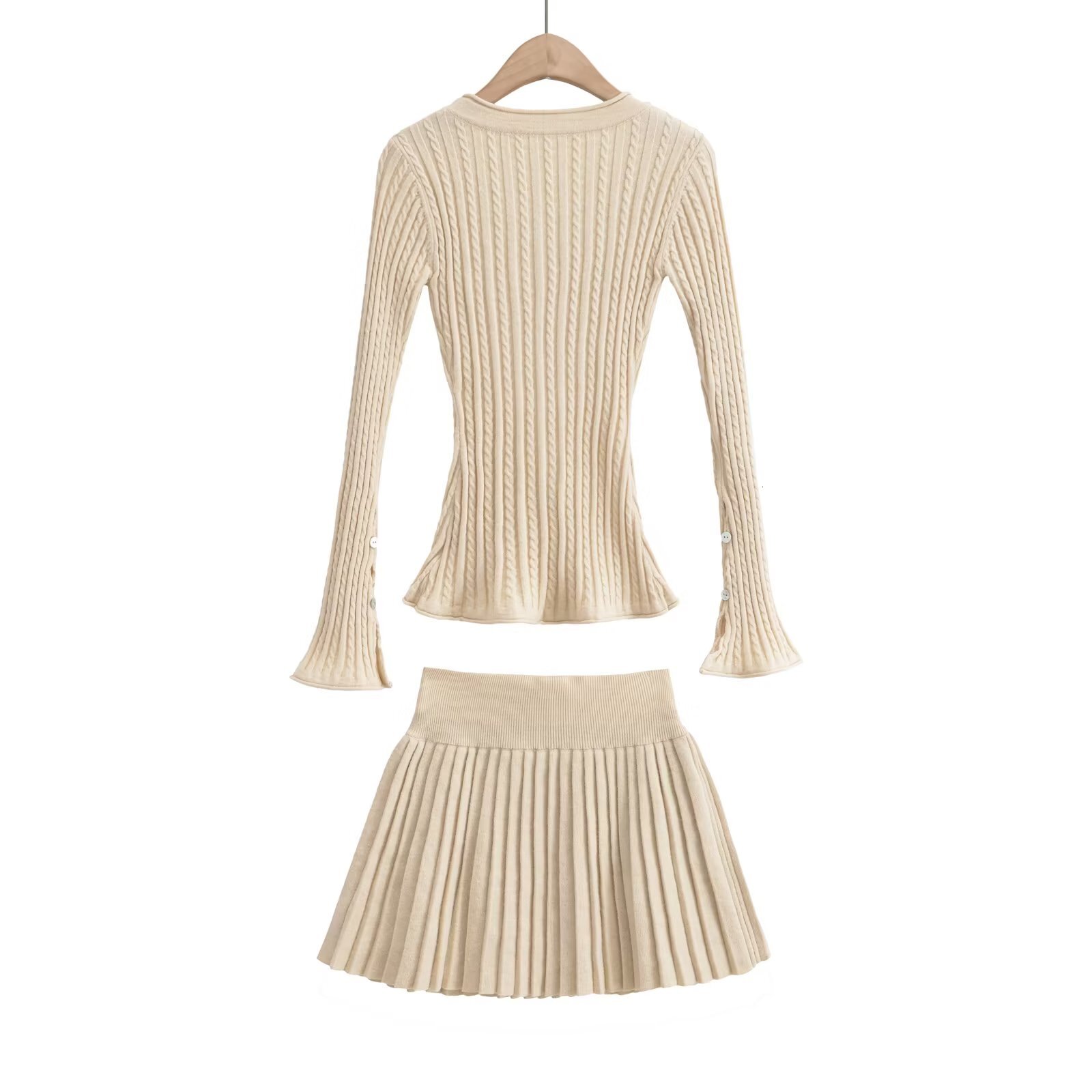 4 Colors Preppy Style 2 Pieces 1 Set V Neck Twist Knit Cardigan Retro Women Elastic Waist Pleated Mini Skirt Matching Suits