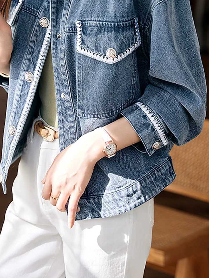 Women Vintage Lapel Loose Denim Jackets Korean Fashion Long Sleeve Jean Coats Spring Fall Casual Single Breasted Abrigos TopsX240920