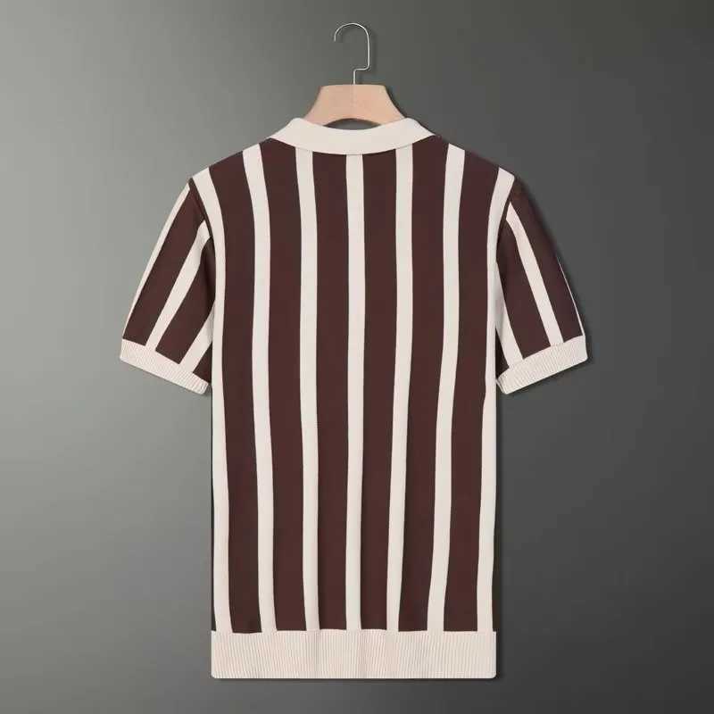 Mens Light Luxury Patchwork Knitted Polo Shirt Leisure Turn Down Collar Zippers Short Sleeve T-Shirt Breathable KnitwearX240920