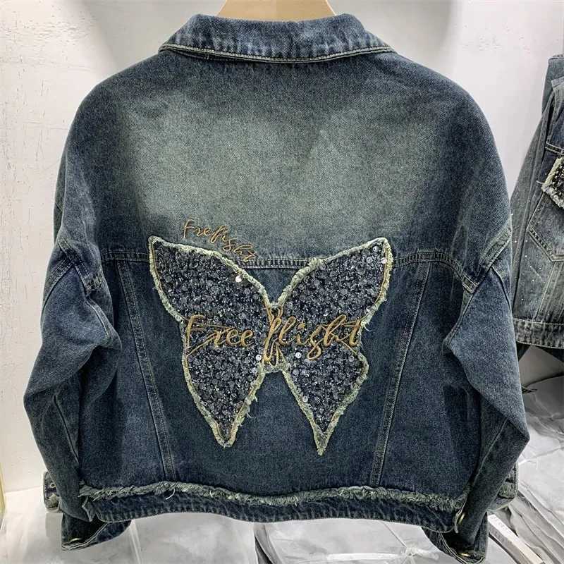Chaquetas Butterfly Embroidered Denim Jacket Women Spring Autumn Long Sleeve Cotton Outerwear Button Female Casual Jeans CoatX240920
