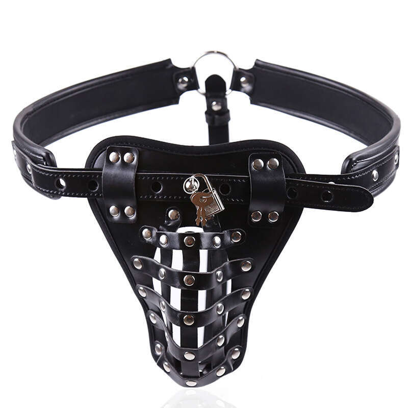 Adult sex toy male penis ring leather chastity cage