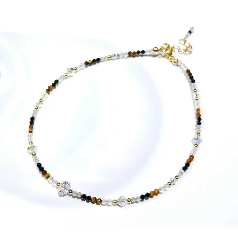 Lii Ji Natural Labradorite Black Spinel Tigers Eye Clear Quartz With Austrian Crystal Sparkling Beaded Anklet Bracelet Y240920