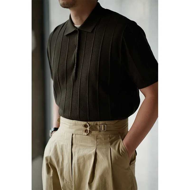 2023 Summer New Ice Silk Short Sleeve Polo Shirt Knit Mens Fashionable Striped Lapel T-shirt Men Casual StyleX240920