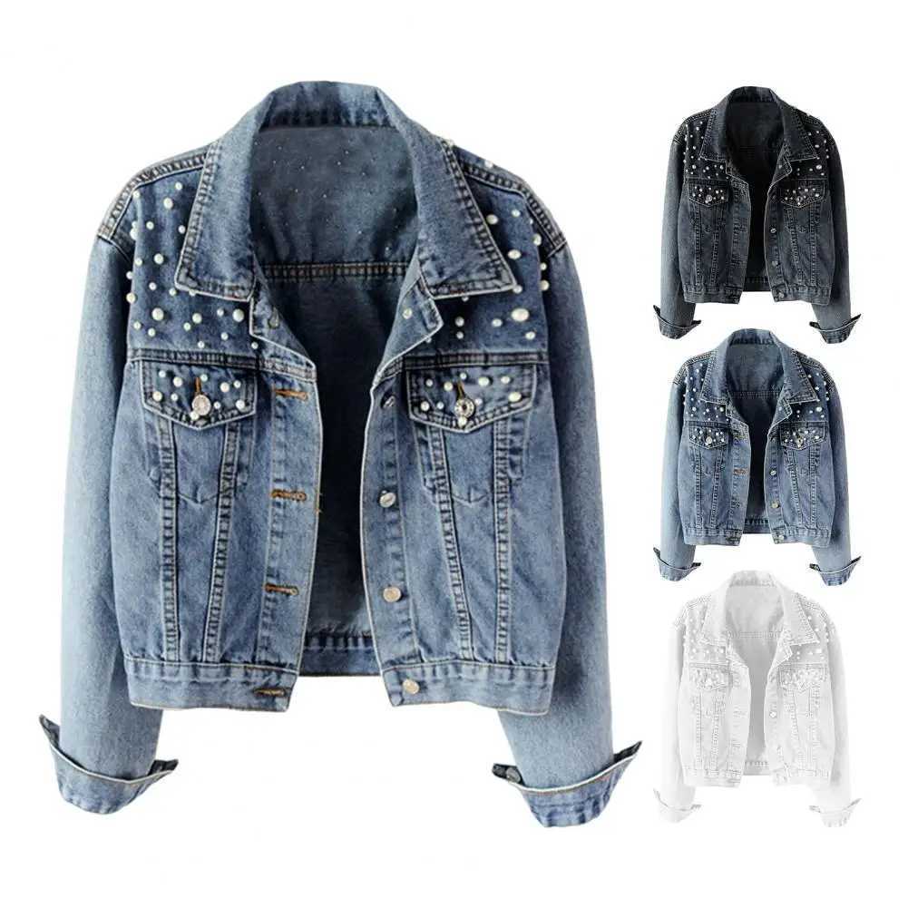 Denim Jacket Solid Single Breasted Cropped Thermal Beaded Long Sleeve Cardigan Faux Pearl Fall CoatX240920