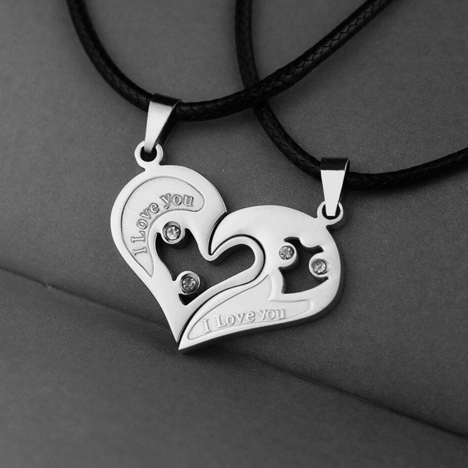 Fashion Heart Pendent Necklaces 18K Silver Plated I Love You 2 in 1 Crystal Couple Lovers Necklace Leather Chain Distance Relastionship Necklaces for 