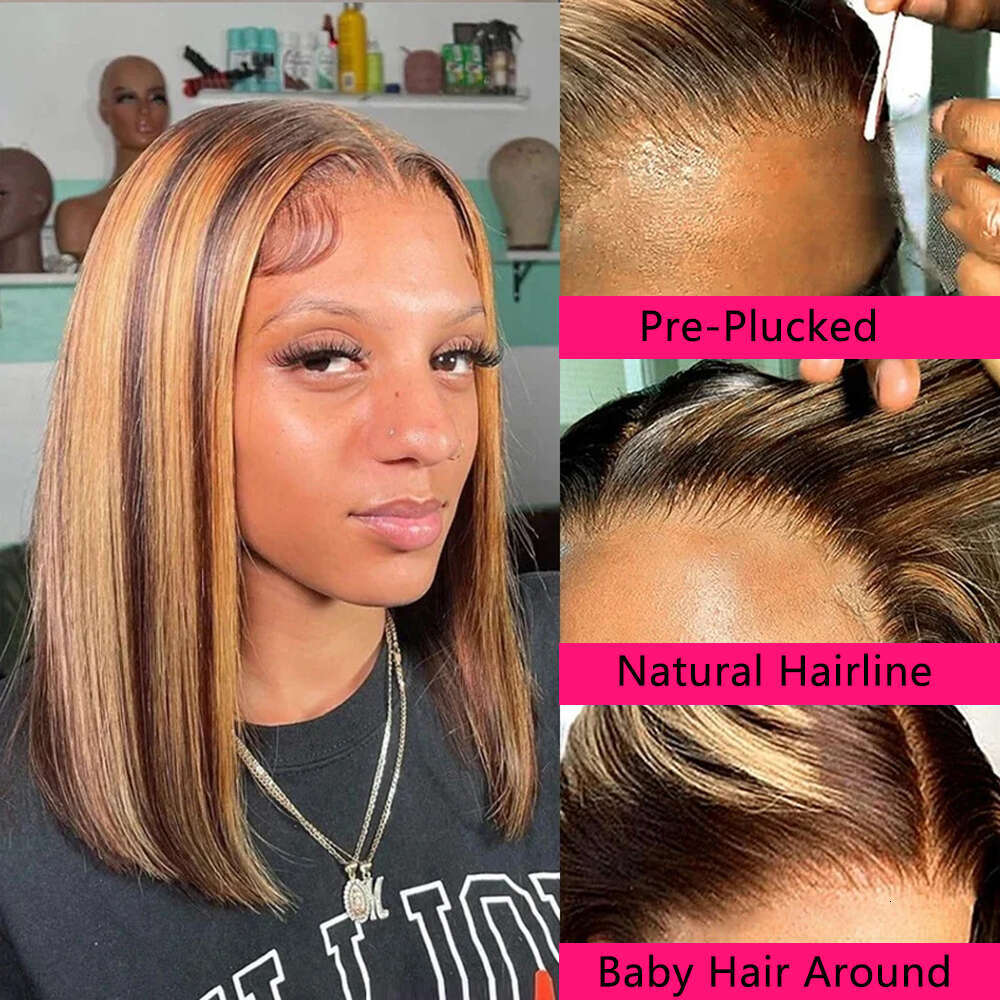 Highlight Human Hair Wigs Brazilian Straight 4X4laceclosur For Women Colored Honey Blonde P4/27 Bob Lace Frontal Wig