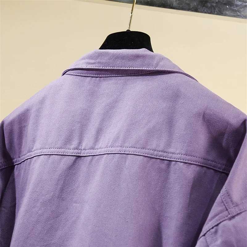 2024 Spring Autumn Purple Denim Jackets Short Womens Coat Pockets Single Breasted Long Sleeve Loose Solid Female Outwear TrendX240920