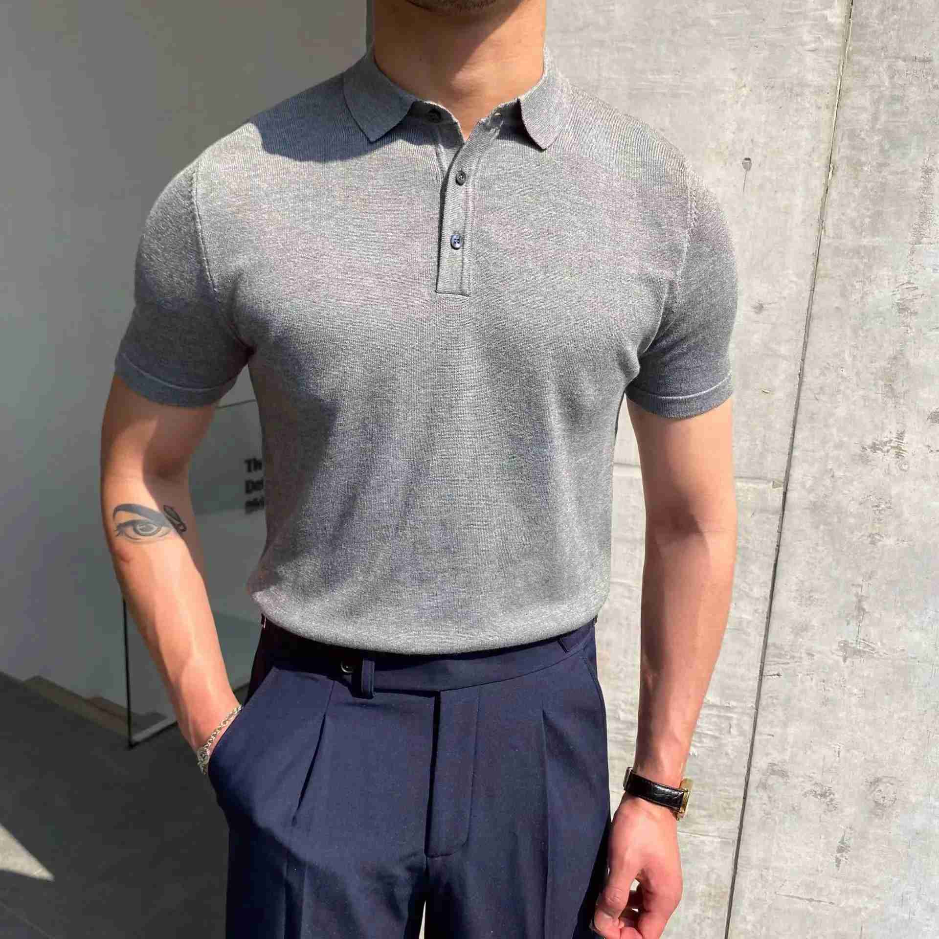 Spring Summer New Mens Knitted Polo Shirt Striped Casual Slim Tees Men Lapel Business Pullover Polo Short Sleeve Tops ClothingXJ240920