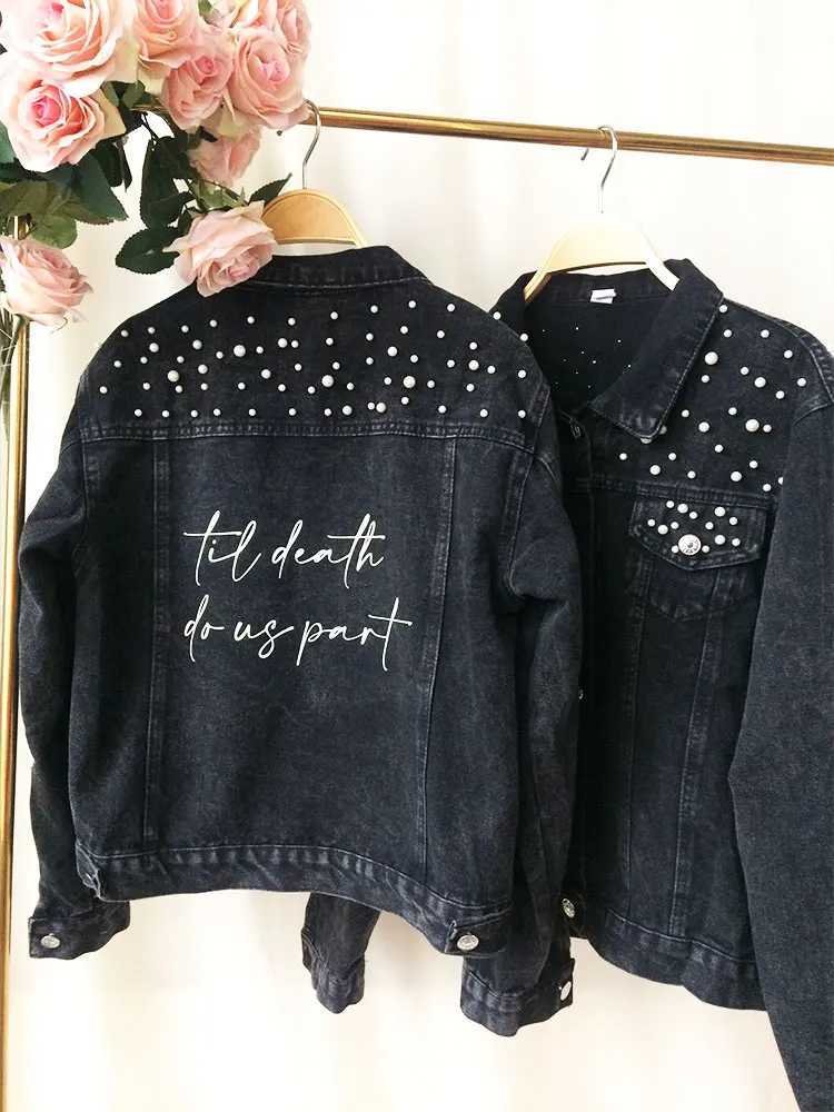 PERSONALIZED Black Denim Statement Coats Bridal Jacket Customized Wedding Jean Jacket Bridal Denim With Pearl Womens MRS CoatsX240920