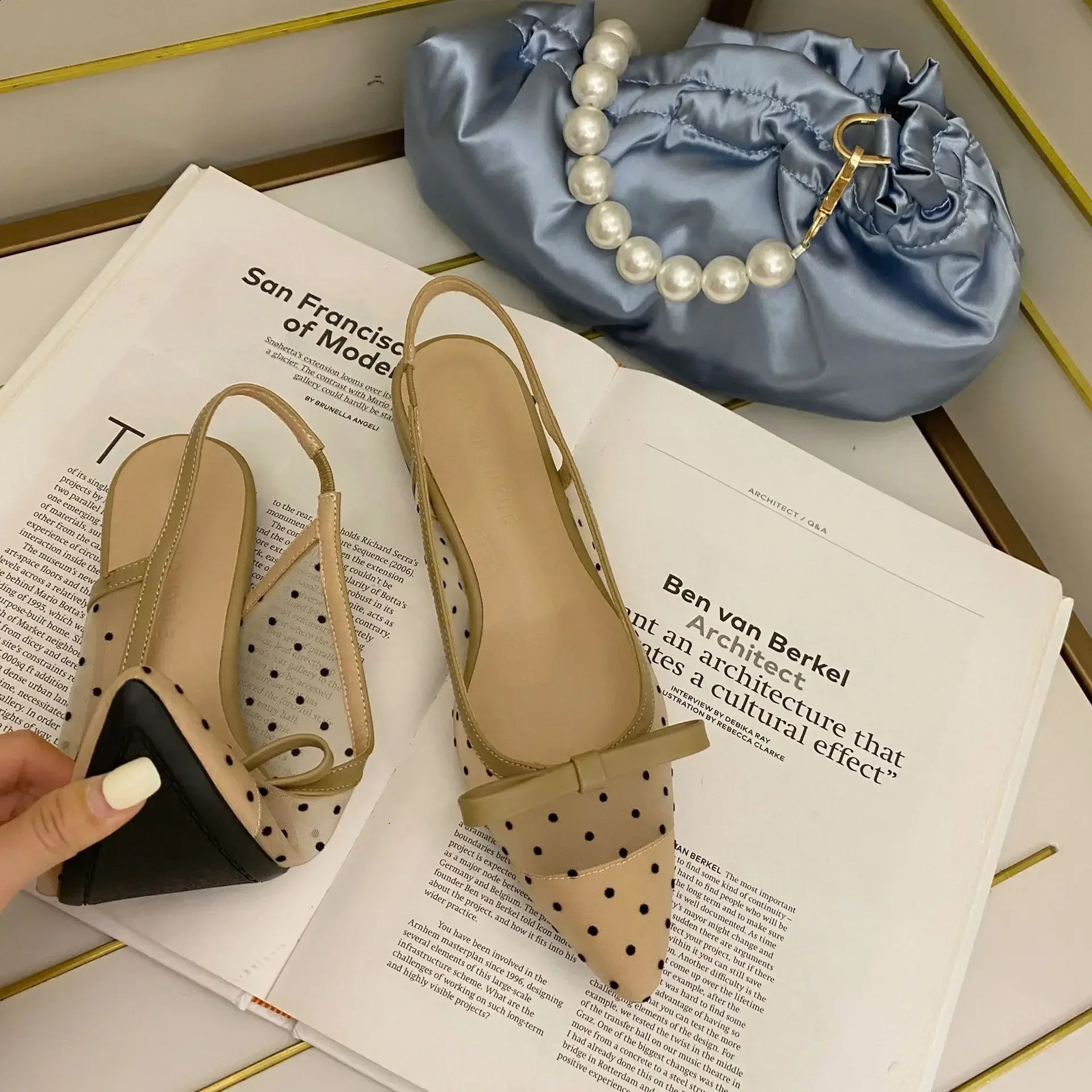 Womens 2024 Polka Dot Thick High Heels Elegant Dot Toes Shallow Mouth Weight Loss Bow Shoes for Women 240919