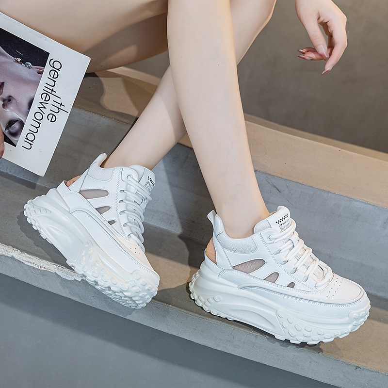 High top inner height increasing white for women 2024 new summer sports and leisure hollow breathable thick soled travel cool women's shoes