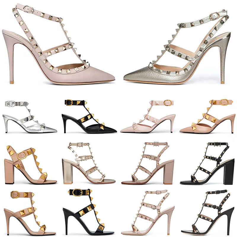 TOP v heel Metallic newest wedding designer sandales dress Patent shoes Black women sneakers stud Leather pump Gold high Rose heels W Pointed ToesDLJZ d7