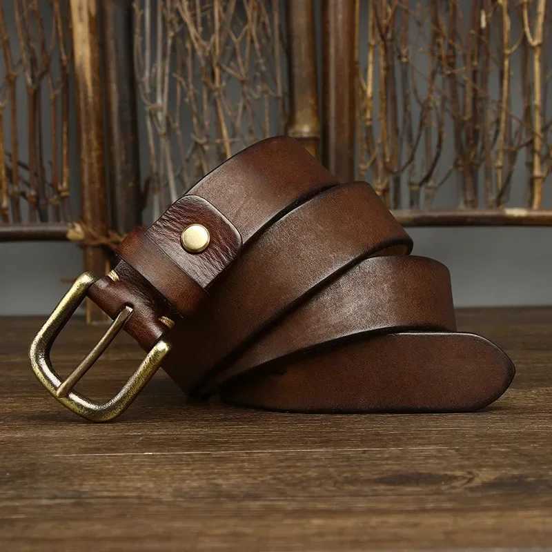 3.3CM genuine leather belt mens luxury belt mens fashion pure denim copper buckle wild classic retro pin buckle high quality W240920