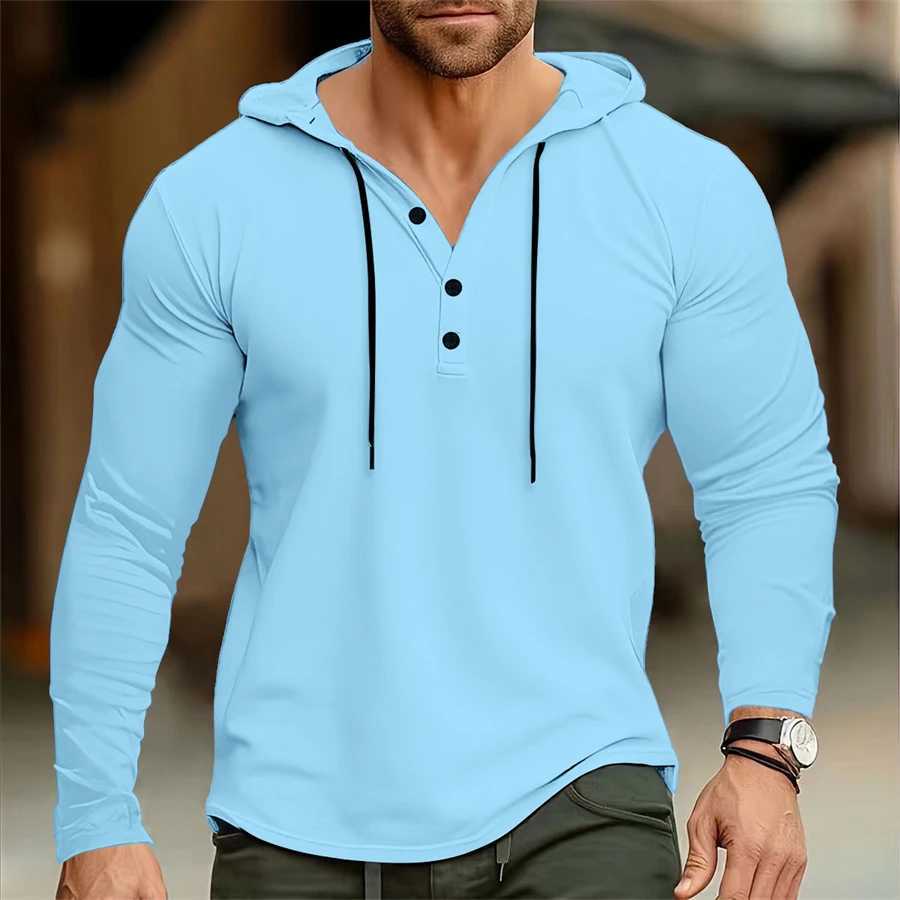 Mens hooded T-shirt Gym Clothing Fitness Long sleeve hoodies Cotton Singlets Men Joggers T-shirt Bodybuilding casual ClothingX240919