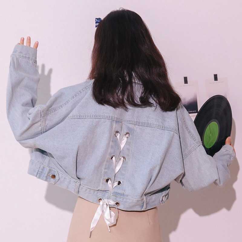 Vintage Short Black Denim Jackets Women Spring Korean Fashion Preppy Style Lace-up Jeans Coats Casual Loose Female OuterwearX240920