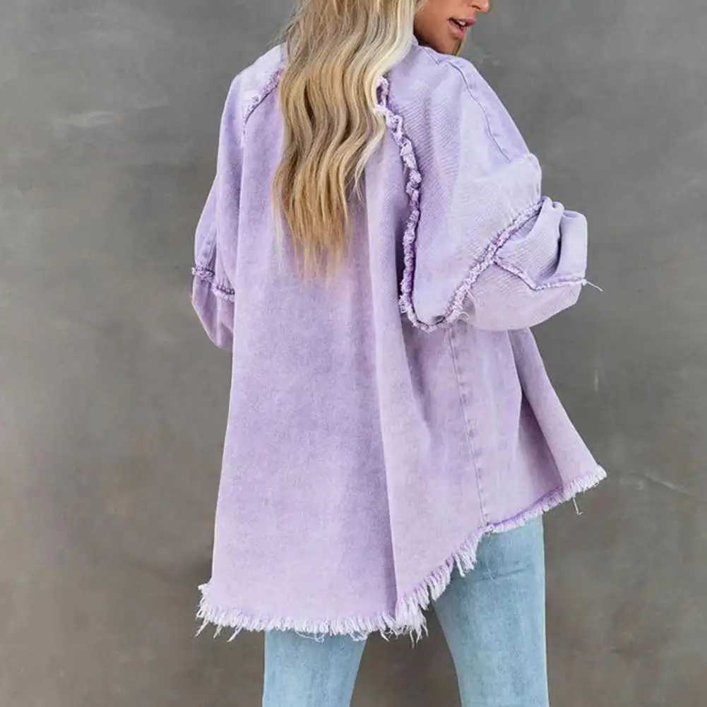 Women Denim Jacket Solid Color Oversized Jacket Streetwear Denim Jacket Distressed Fringed Hem Oversized Fit Pockets for WomenX240920