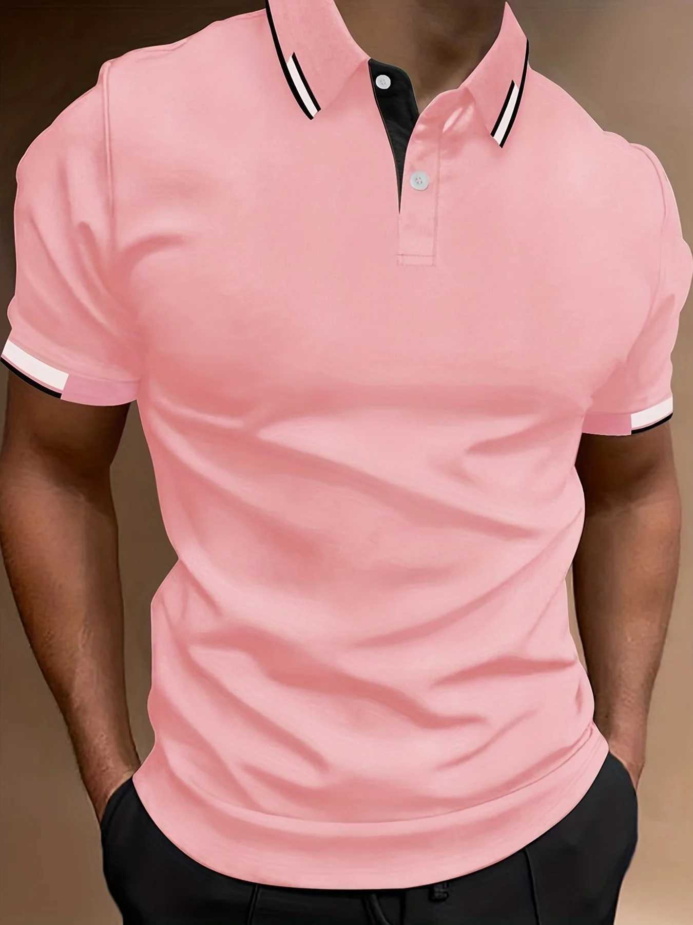 Mens Contrast Binding Short Sleeve Golf Polo Shirt Male Tops For Summer Outdoor Business Casual Short Sleeve Button Polo TshirtX240920
