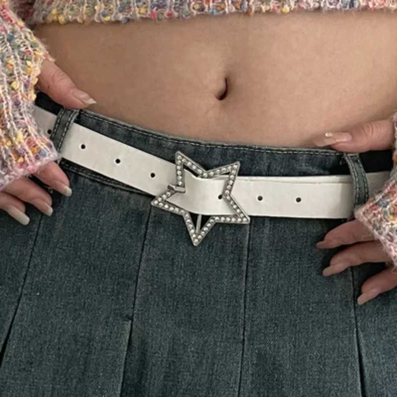 Y2K Womens Belt Pink Black and White Star Belt Denim Star PU Leather Rhinestone Belt Ins Sweet Cool Tight Jeans Belt W240920