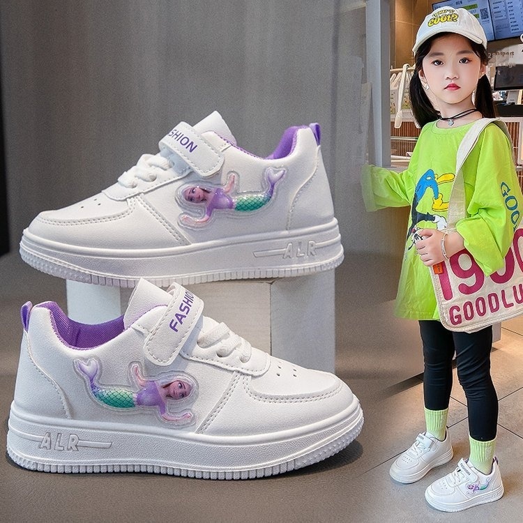 Children's girls' students' flat casual sports shoes, low top round toe white running board shoes