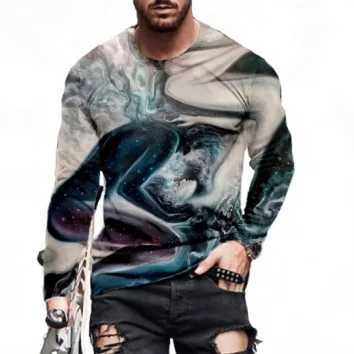 Street youth vitality new trend mens graffiti color 3D printing tops long sleeve round neck outdoor sports fitness T-shirt menX240919