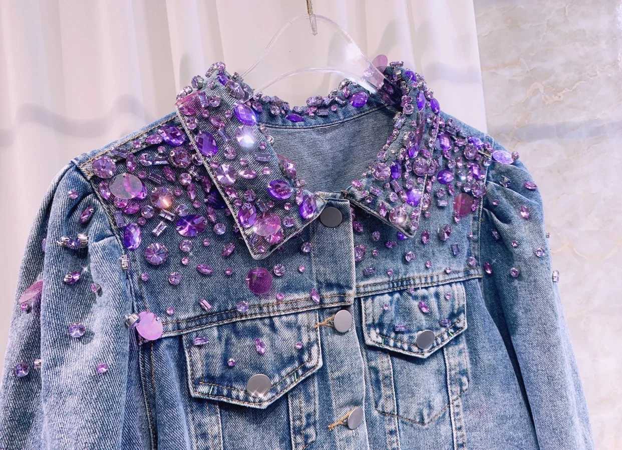Women Retro Purple Rhinestones Beaded Denim Jacket Spring Short Sequined Jeans Coat Cowboy Cardigan Jaqueta Crop Tops 2023X240920