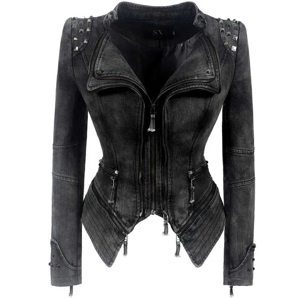 Plus Size Punk Rivet Short Denim slim Jackets Women Wash Long Sleeve Vintage Casual Studs Jean Outerwear Lapel Bomber Slim CoatX240920