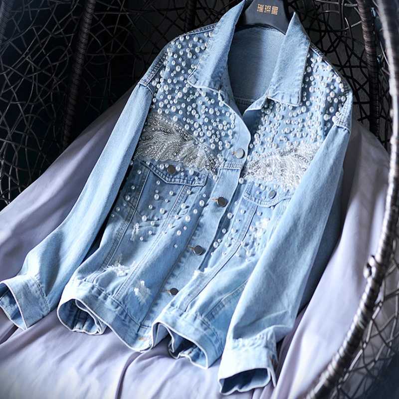 Spring Women Pearls Beaded Denim Coat Lace Floral Embroidered Jeans Jacket Short Cowboy Cardigan Streetwear Tops Jaqueta 2023X240920