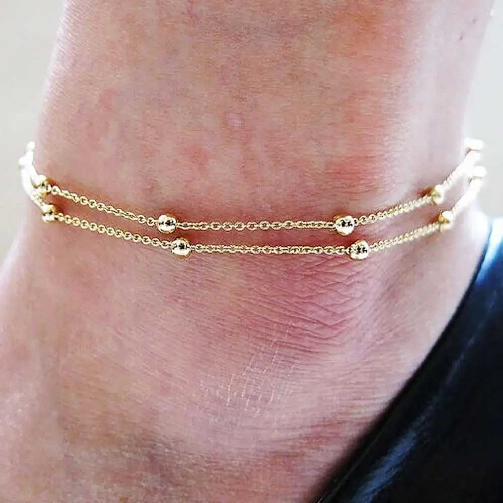 Chain Anklet Women Bracelet Summer Beach Double Layer Bead Sandal Barefoot Ankle Wholesale Y240920