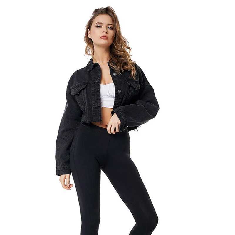 Boyfriend Jean Jacket Women Oversized Crop Denim Jackets Vintage Long Sleeve Short Jacket Casual Loose Coat Black Bomber JacketX240920