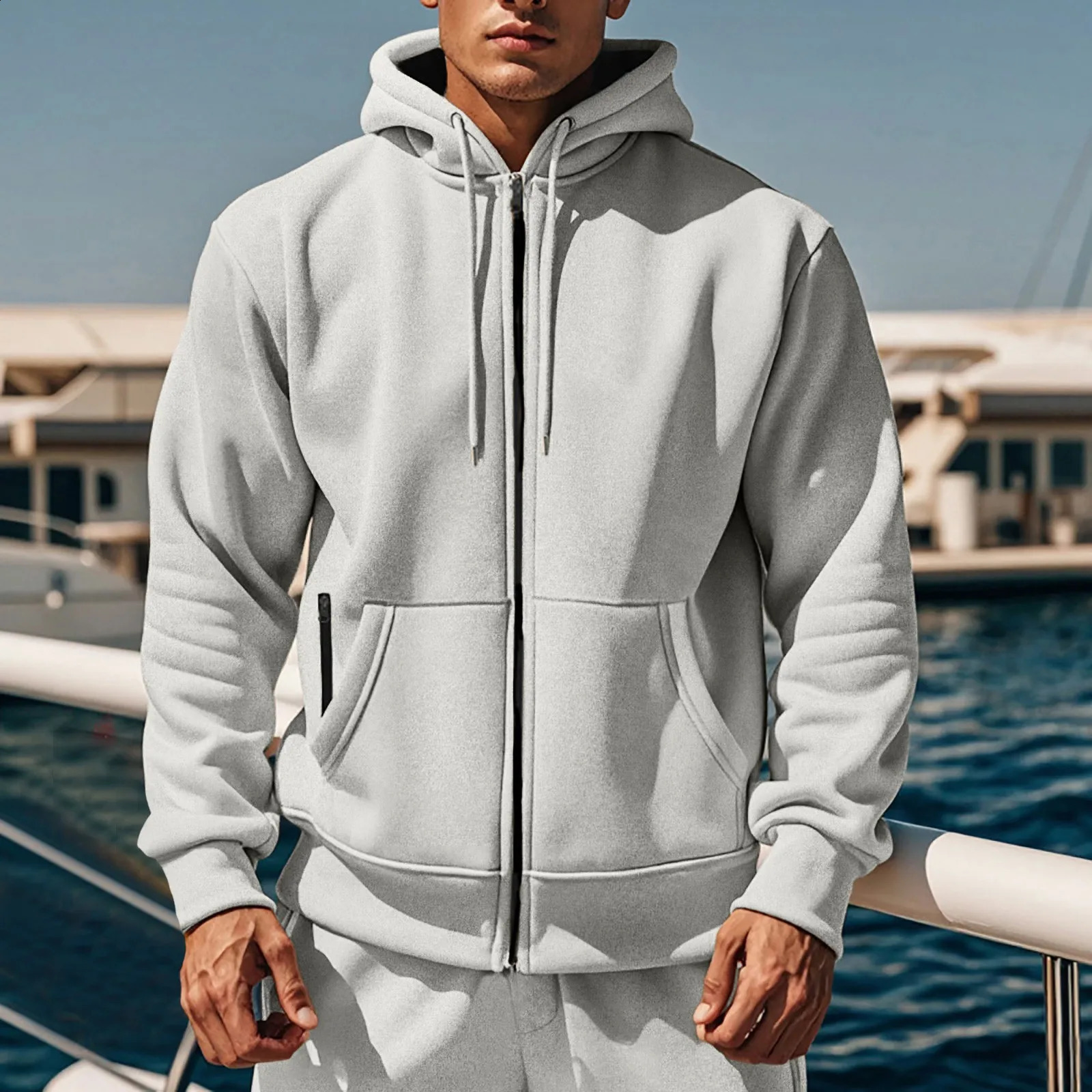 Mens autumn and winter solid color hooded sweater wool warm comfortable mens long casual round neck zipper 240911