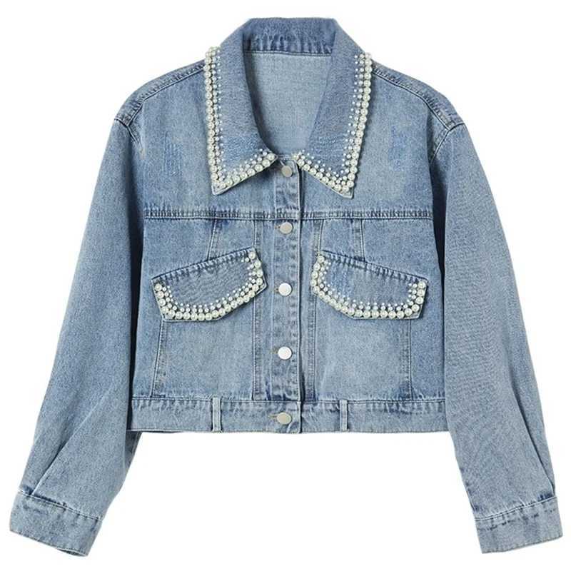 Denim Short Coat Women Lovely Autumn Pearls Buttons Lapel Loose Jacket Korean Fashion Female Casual Light Blue Street OutwearX240920