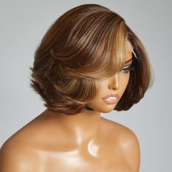 Highlight 4/27 Ombre Body Cheap Short Bob Brown Mix Blonde C Part Water Wave Lace Closure Wig 100% Human Hair For Women