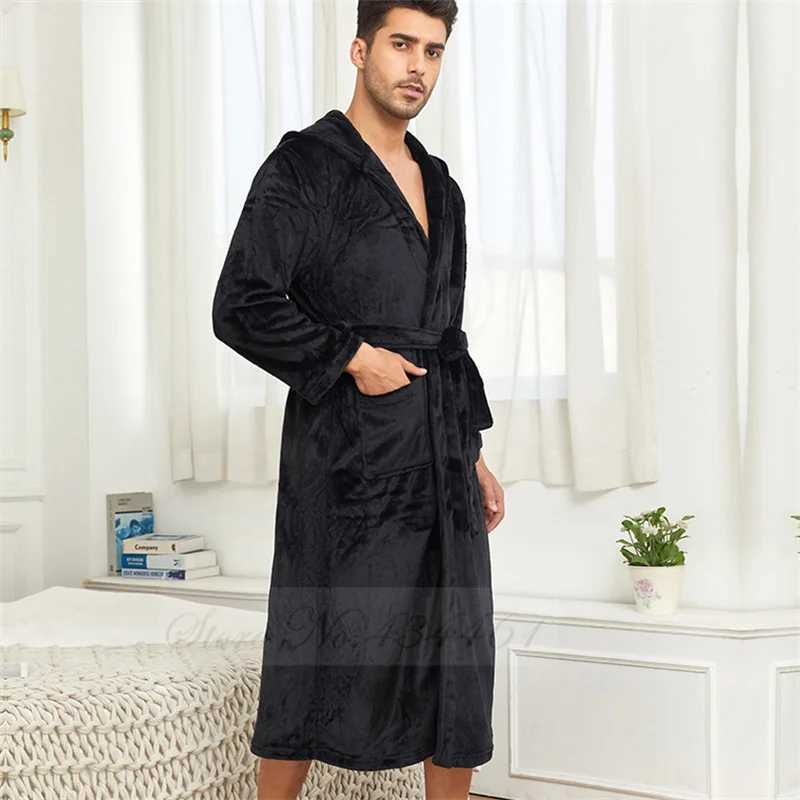 Winter Thicken Flannel Mens Long Robe Hooded Kimono Bathrobe Gown Warm Coral Fleece Sleepwear Lounge Wear Loose Home Clothes Y240919