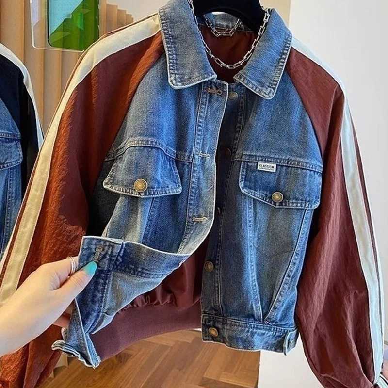 2024 Spring Autumn Short Baseball Jacket Loose Fitting Cowboy Women Outerwear European Fashion Splicing Together Denim Lady CoatX240920