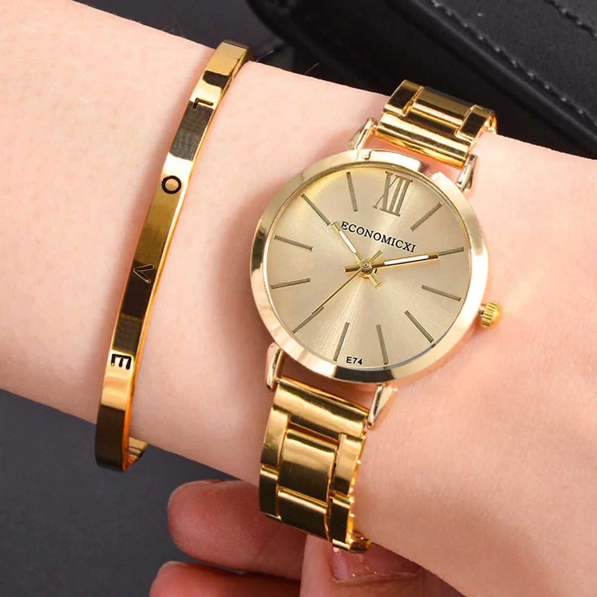 2pcs/set Womens Hip Hop Glamour Quartz Watch Enchanting Love Bangle Set - Golden Fashion Accessory for Valentines Day GiftX240920