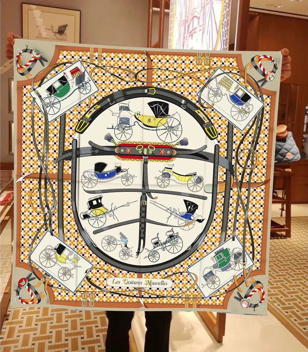 90cm Twill Silk Scarf Shawl Horse Carriage Print Square Scarves Women Hijabs Bandana Silk Foulards Neckerchief 240920
