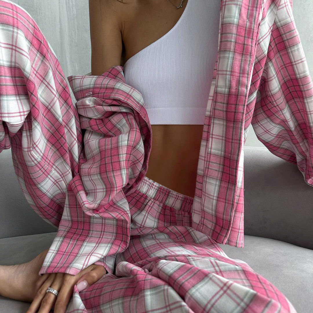2024 autumn/winter plaid loose sleepwear, long sleeved pants, fashionable casual women's home wear for outerwear