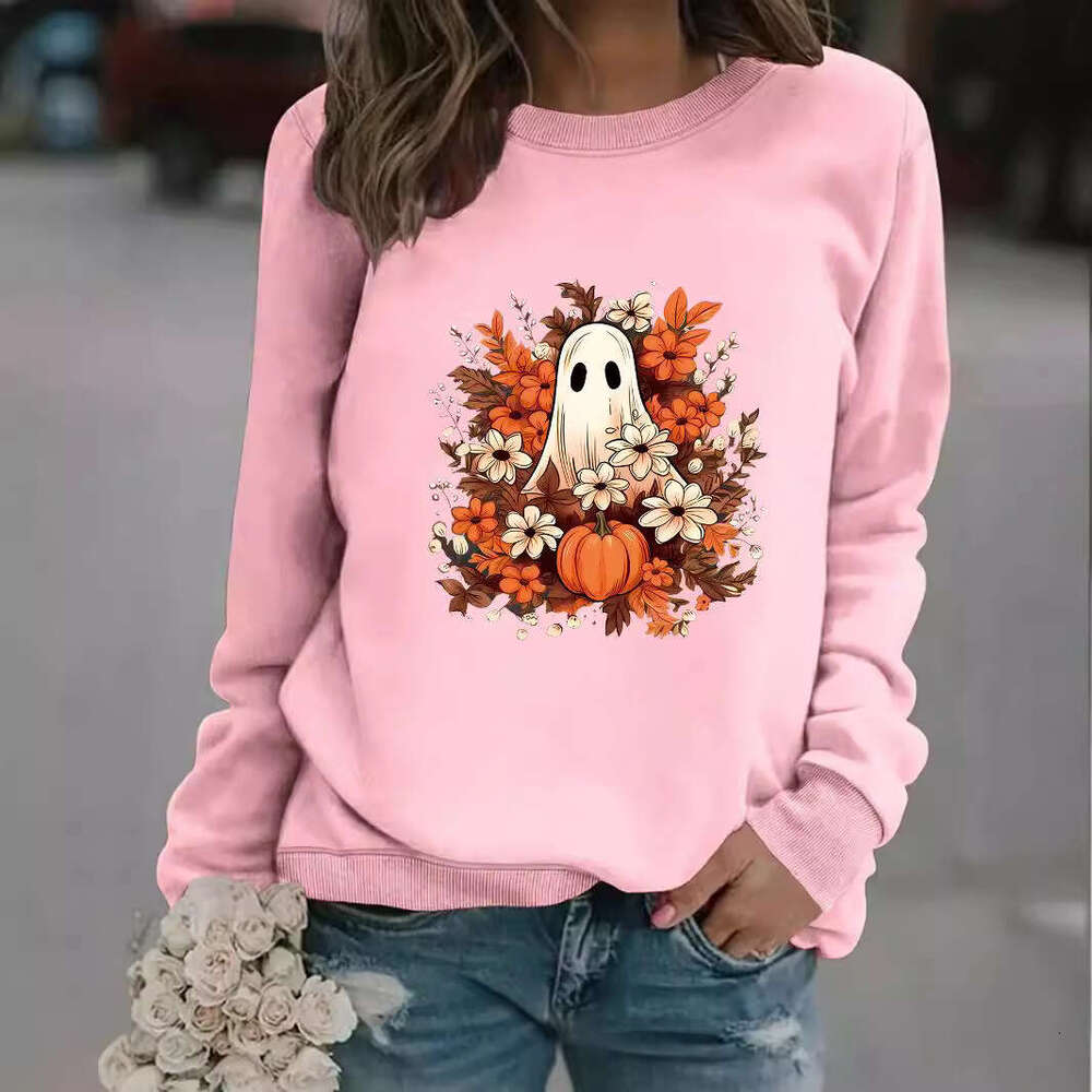 Hallowmas Autumn Winter Womens Casual Long Sleeved Round Neck Ghost and Floral Print Pullover Sweatshirt Womens Jacket Coats Designer Women Autumn Dre