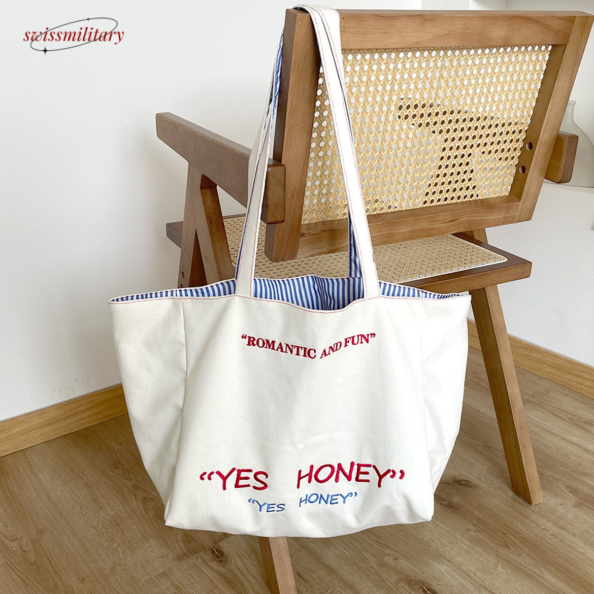 Large capacity Tote front and double-sided back stripe single shoulder with texture embroidery, college student canvas bag, female commuting bag #23 S