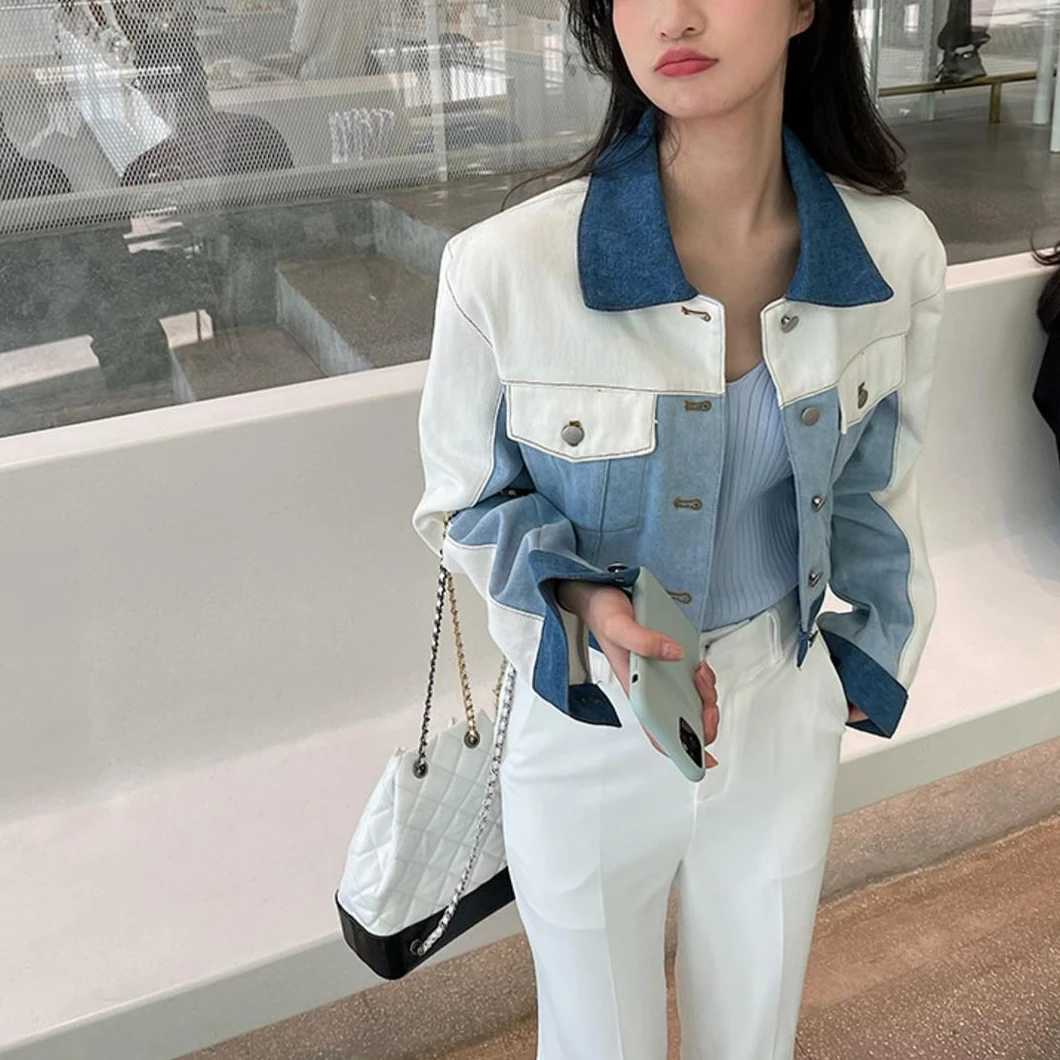 Autumn Fashion Patchwork Denim Jacket New Lapel Contrast Color Casual Traff Woman 2024 Coat Long Sleeves Slim Womens JacketsX240920