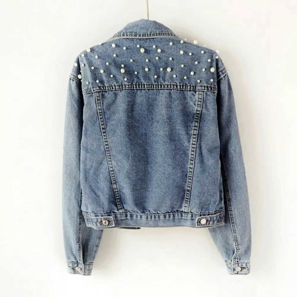 Denim Jacket Solid Single Breasted Cropped Thermal Beaded Long Sleeve Cardigan Faux Pearl Fall CoatX240920