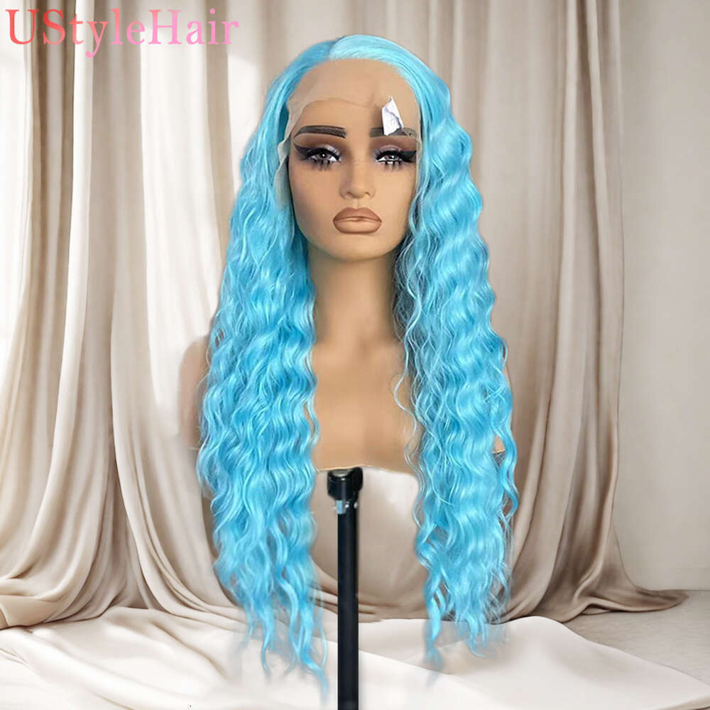 Ustylehair Blue Deep Wave Heat Resistant Long Curly Hair Synthetic Lace Front For Women Daily Use Cosplay Wig