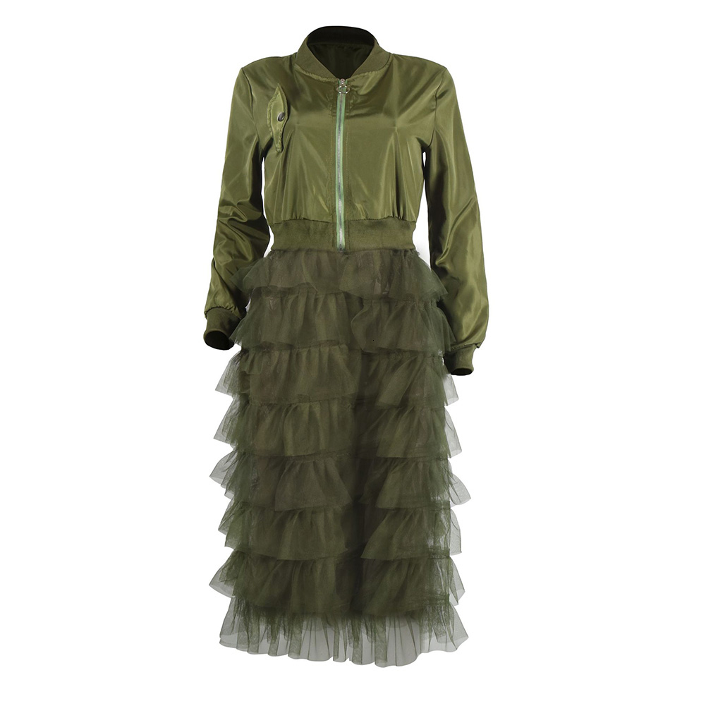 Women Long Sleeve zipper dress coat mesh lace Ruffle Patchwork long Jacket