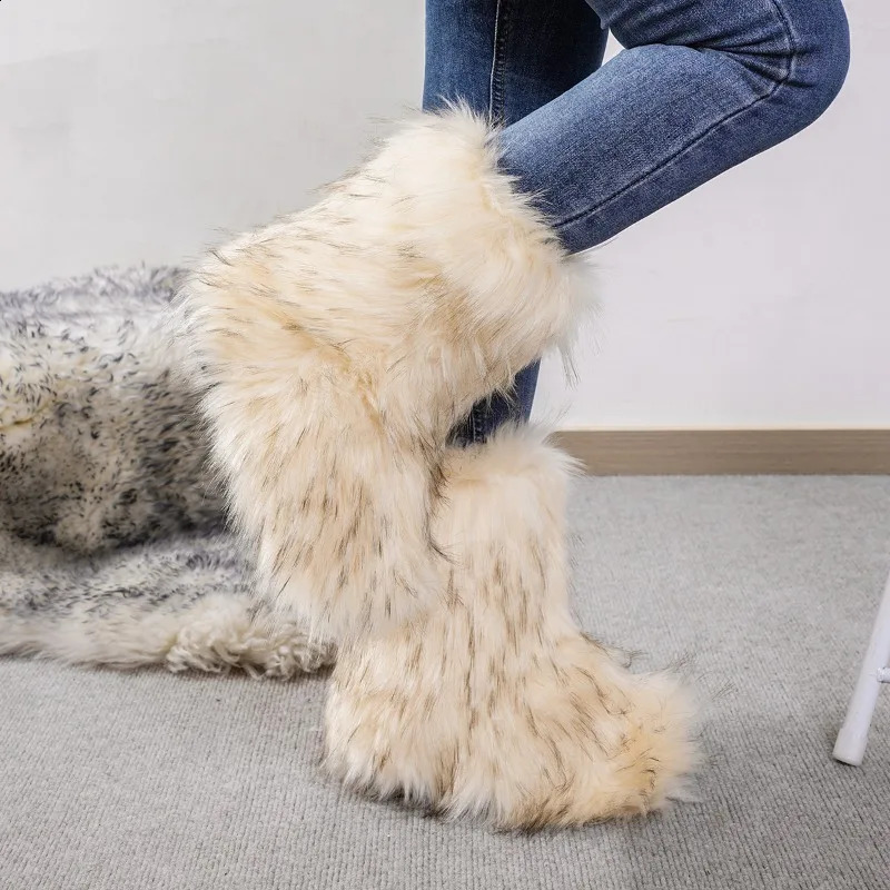 Womens Winter Snow Boots Outdoor Furry Faux Fox Fur Fashion Boots WomanPlush Warm Platform Shoes Bottes 240909