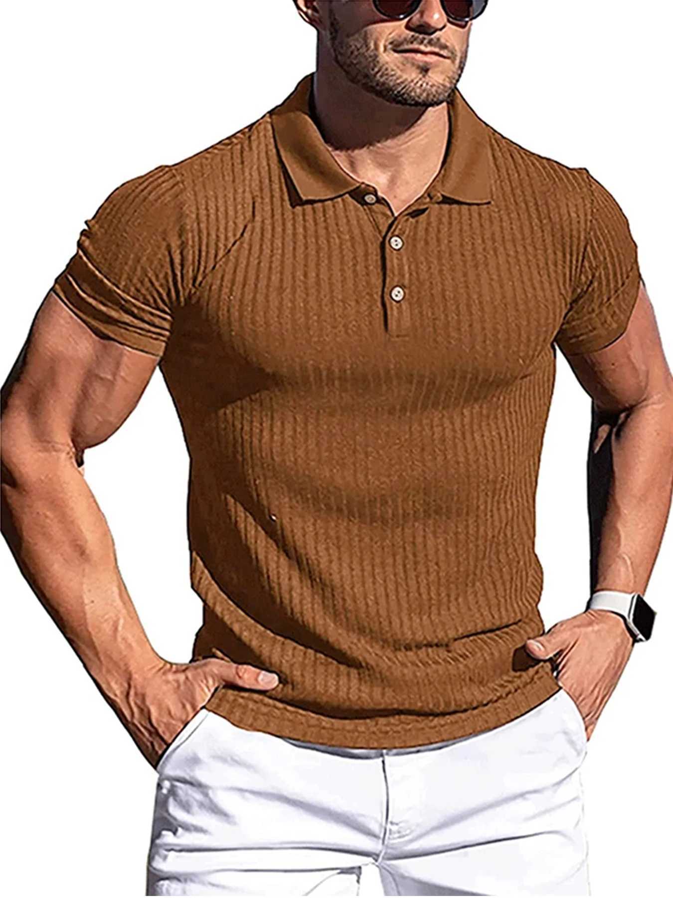 New Summer Polo Men Solid Stripe Fitness Elasticity Short Sleeve Polo Shirts for Men Fashion Stand Collar Mens ShirtsX240920