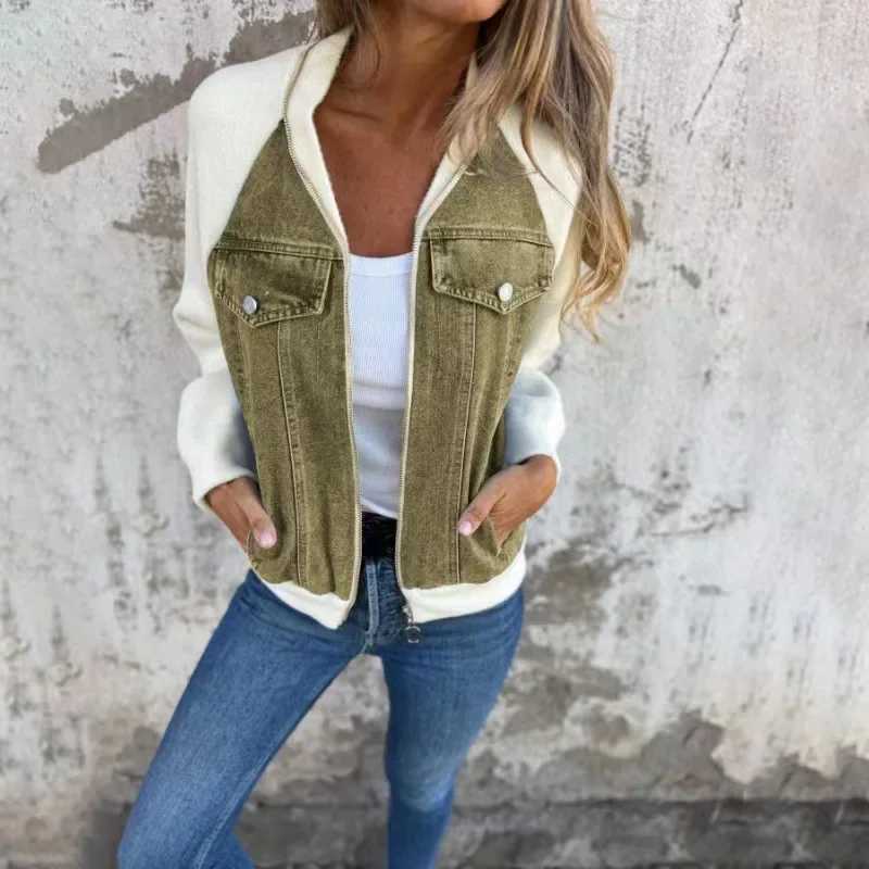 Fashion Patchwork Style Handsome Stand Collar Jackets Female Zipper Wild Slim Denim Coats Tops Autumn Winter Outerwear 2024 NewX240920